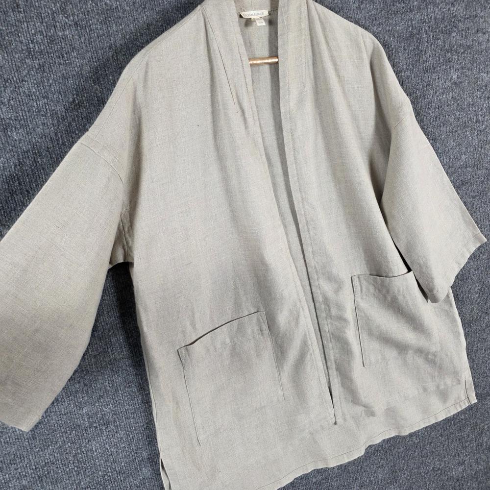 Eileen Fisher Organic Linen Top  XS Beige Kimono Open Front Cardigan Lagenlook - Picture 2 of 8